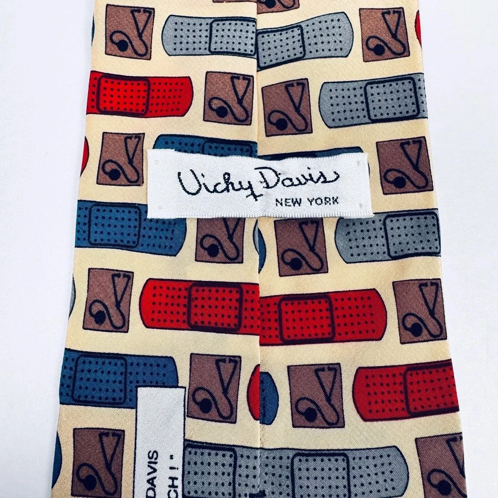 Vicky Davis Tie Silk Necktie Medical Bandage Print Novelty Cream Red Blue Doctor